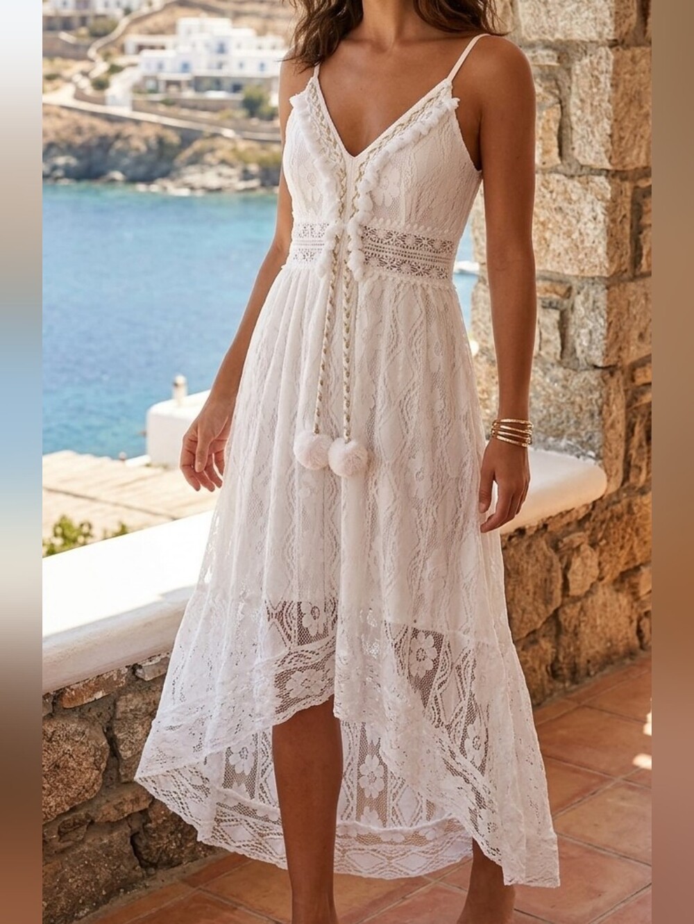 NEW Bohemian Lace Midi Dress White Pom-Pom Believed To Be MEDIUM (Label Removed)